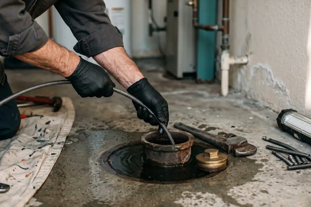 Gloved hands feeding a sectional drain cable into a floor-level cleanout on a wet concrete floor