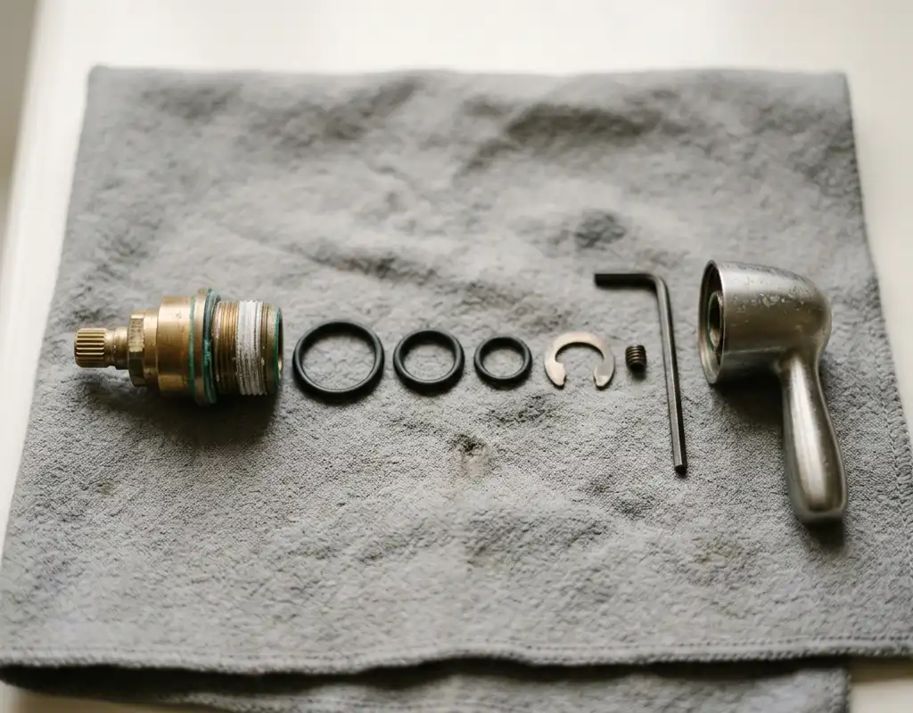 Disassembled kitchen faucet cartridge laid out in sequence on a folded gray shop cloth with hard-water scale visible