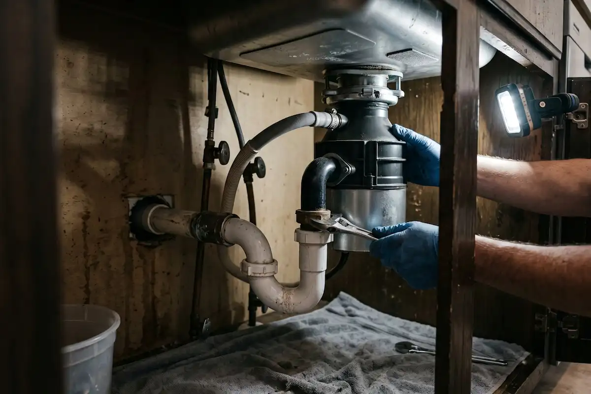 View from inside a sink base cabinet of a garbage disposal with its P-trap and dishwasher inlet connected