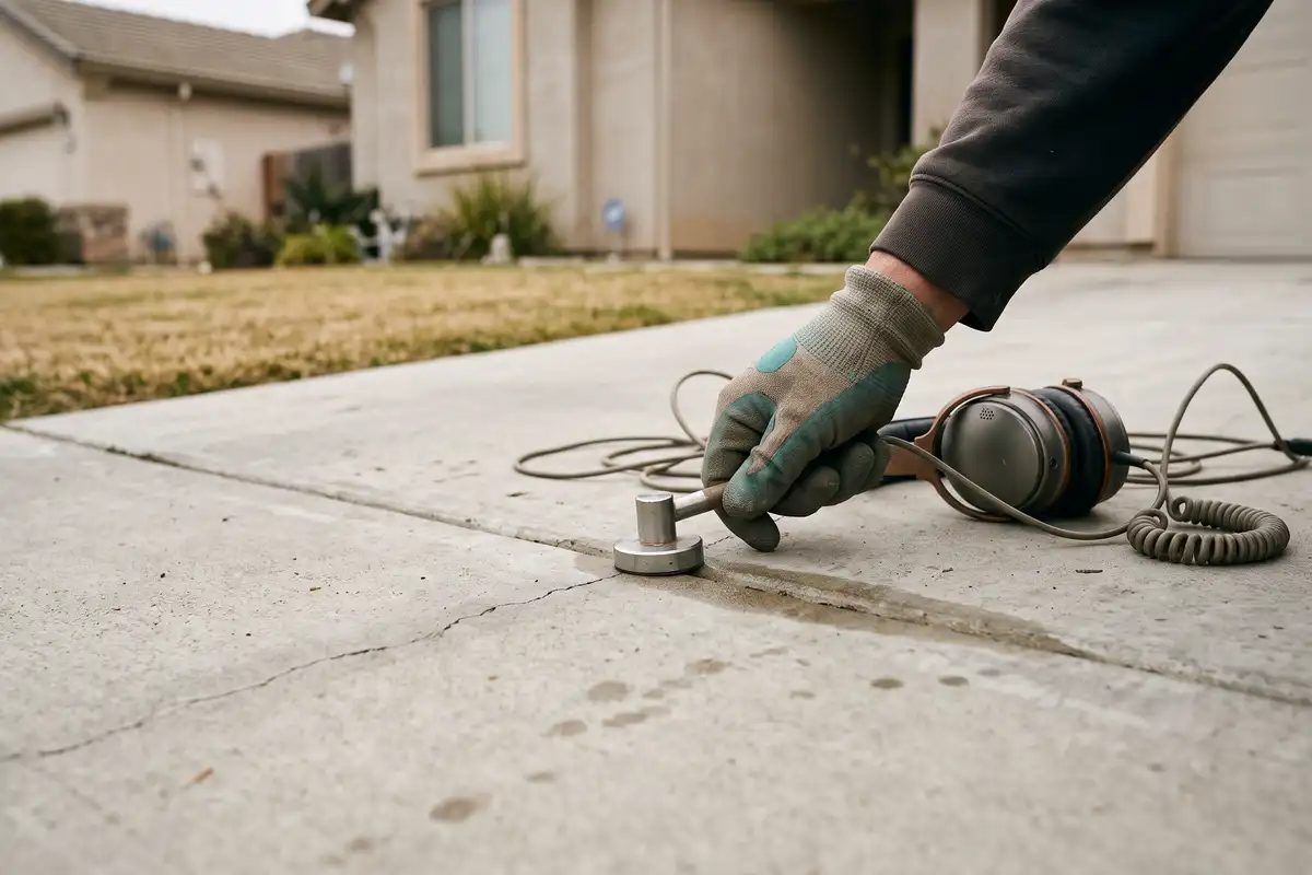 Gloved hand pressing an acoustic ground microphone against a concrete driveway slab along a hairline crack