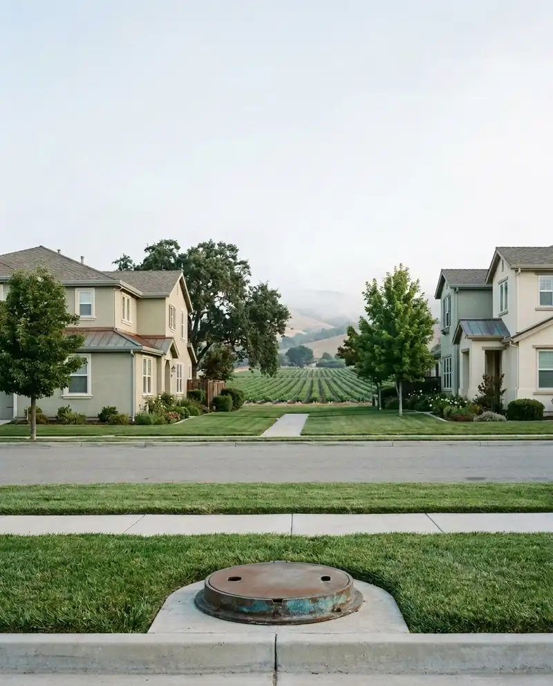 Early morning on a quiet residential street in Freedom, with strawberry fields and fog on the foothills beyond