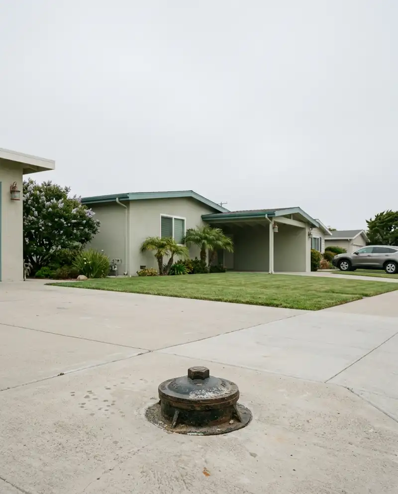 Single-story mid-century ranch house on a wide semi-rural Freedom street, with corroded galvanized supply pipe meeting newer copper at the wall