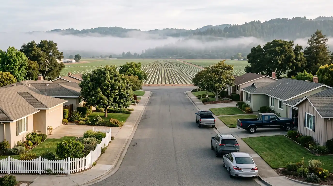Early morning on a quiet residential street in Freedom, with strawberry fields and fog on the foothills beyond