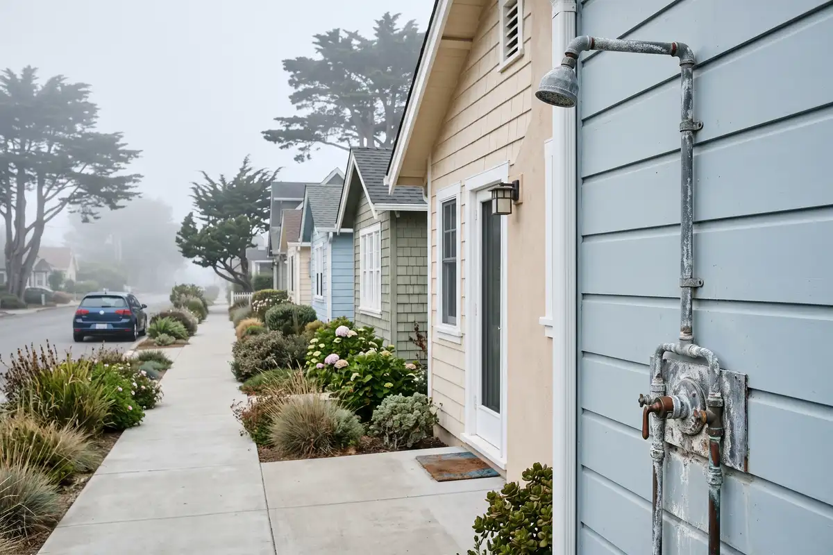Santa Cruz beach-town street of 1920s cottages in weathered pastel paint with an oxidized galvanized outdoor shower fixture