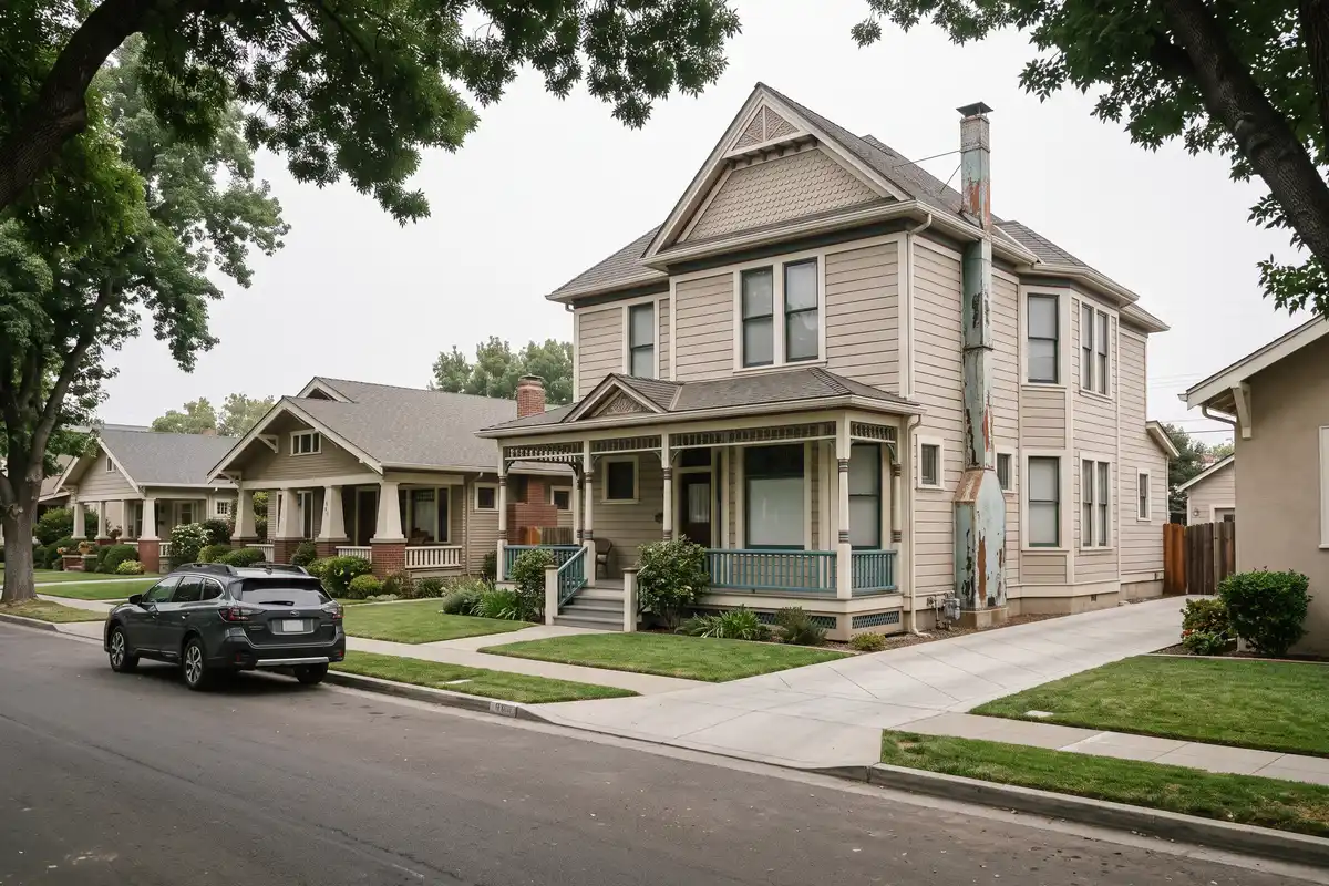 Residential block of late-Victorian and craftsman homes in Watsonville with a weathered cast-iron vent stack running up an exterior wall
