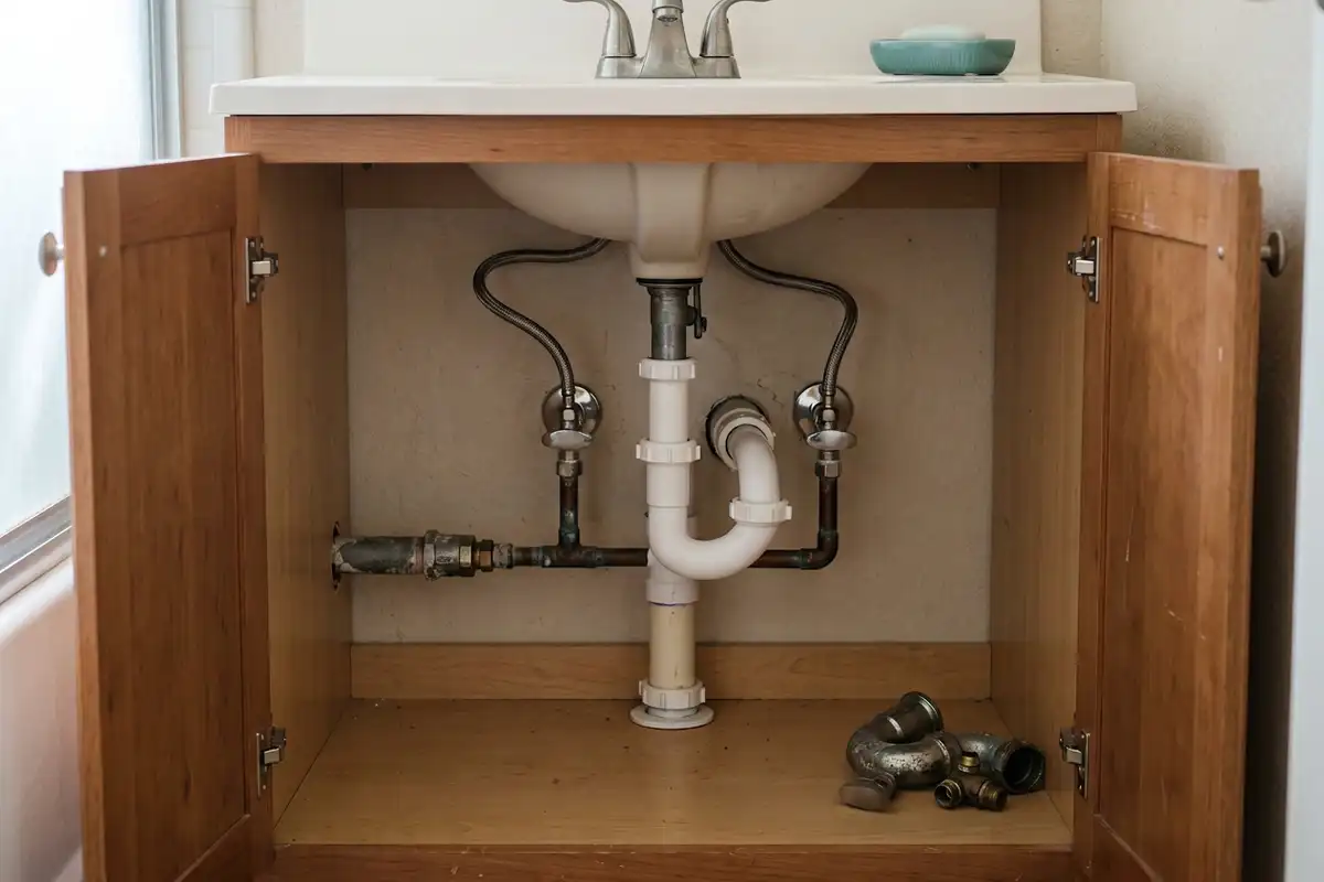 A finished repair under a bathroom sink: new chrome supply stops, braided connectors and a clean white P-trap, with the corroded old parts set aside