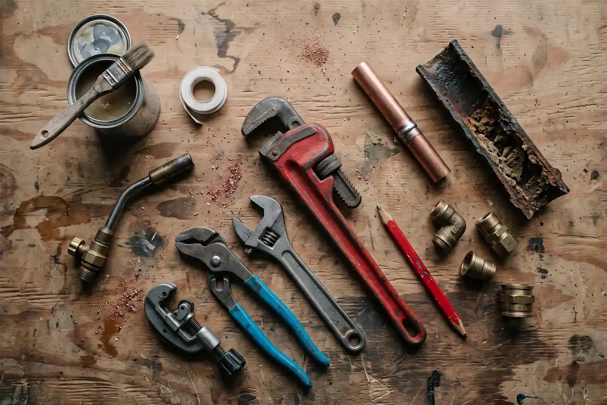 Pipe wrench, tubing cutter, flux and a cut section of copper laid out on a scarred plywood workbench