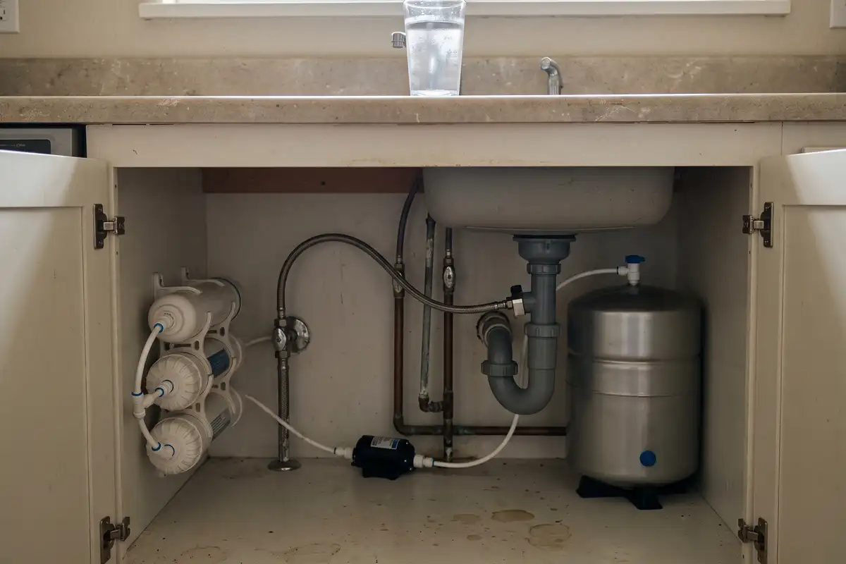 Under-sink reverse osmosis system with three filter housings and a storage tank, neatly routed with clips