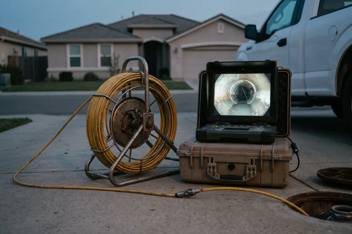 Sewer inspection camera reel and monitor on a driveway at dusk, screen showing root intrusion at a pipe joint