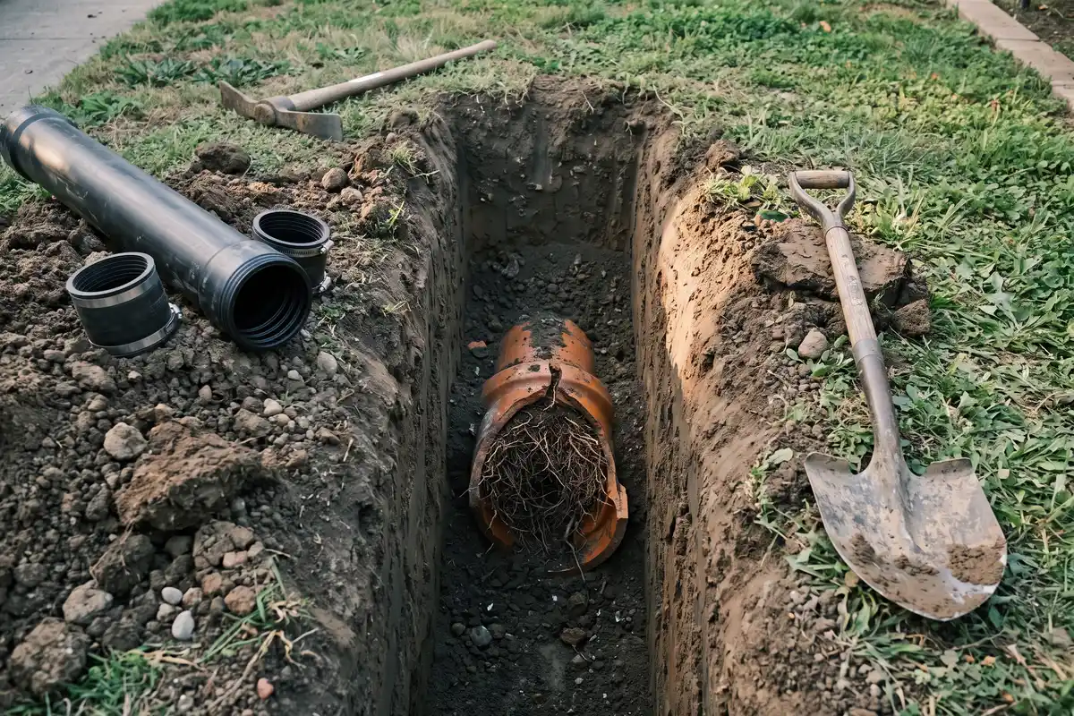 Open excavation showing a cut section of orange clay sewer pipe with root intrusion at the joint