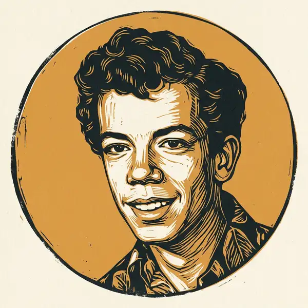 Two-colour linocut portrait of Tony Fontes as a teenager, from a 1974 school photograph