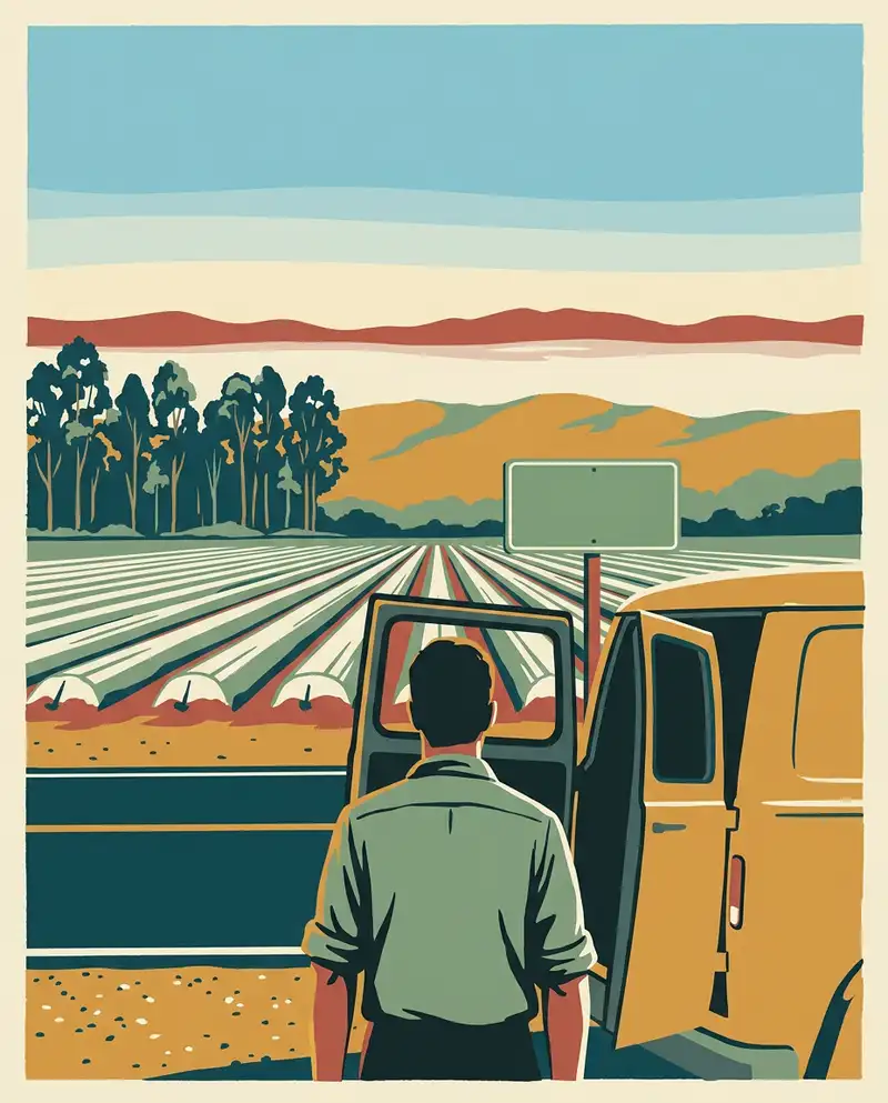 Illustrated poster of a plumber seen from behind at the open doors of his van, looking out over the strawberry fields and foothills of the Pajaro Valley