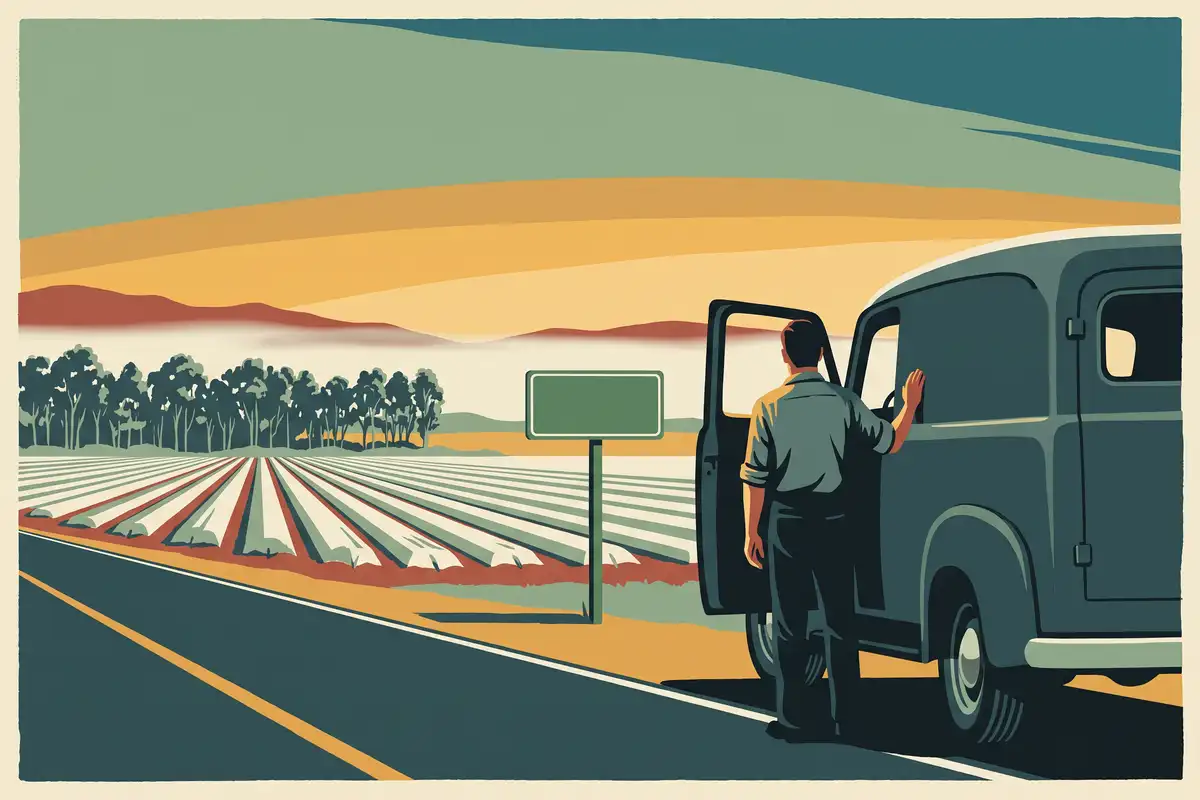 Illustrated poster of a plumber seen from behind at the open doors of his van, looking out over the strawberry fields and foothills of the Pajaro Valley