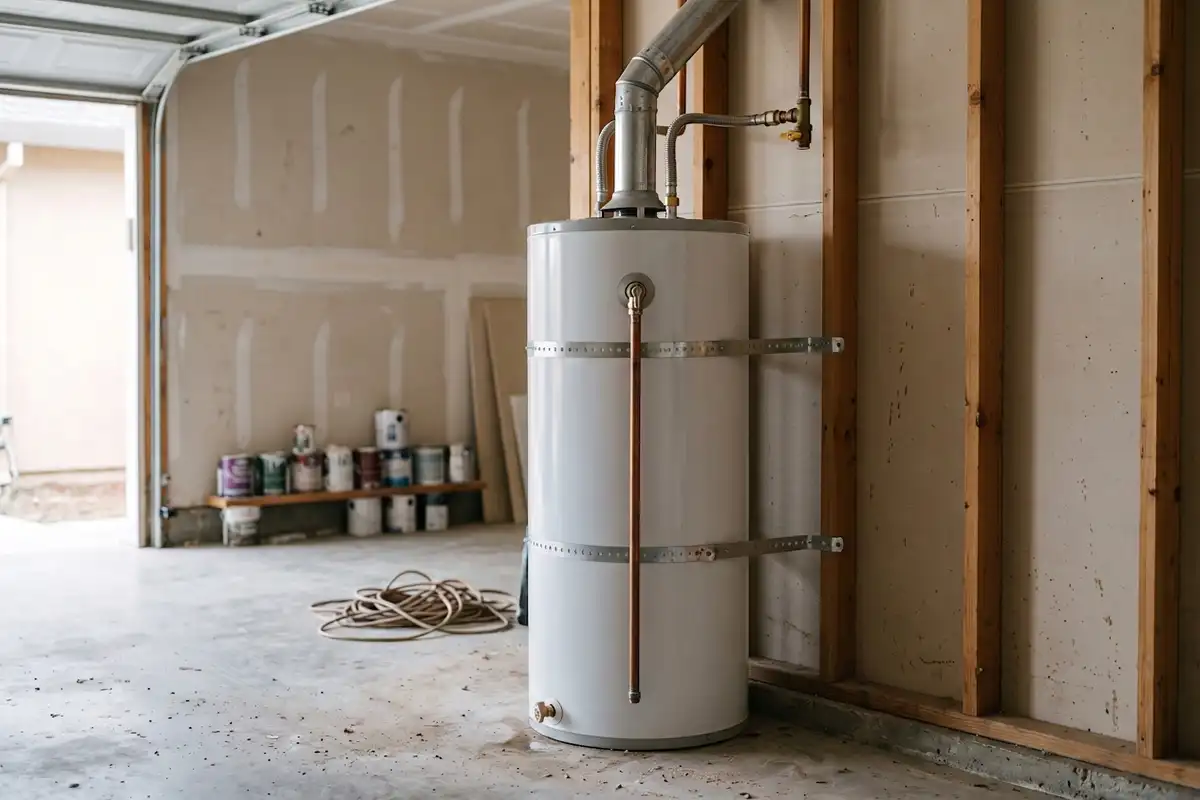 Newly installed 50-gallon tank water heater in a garage with two seismic straps bolted into the wall studs