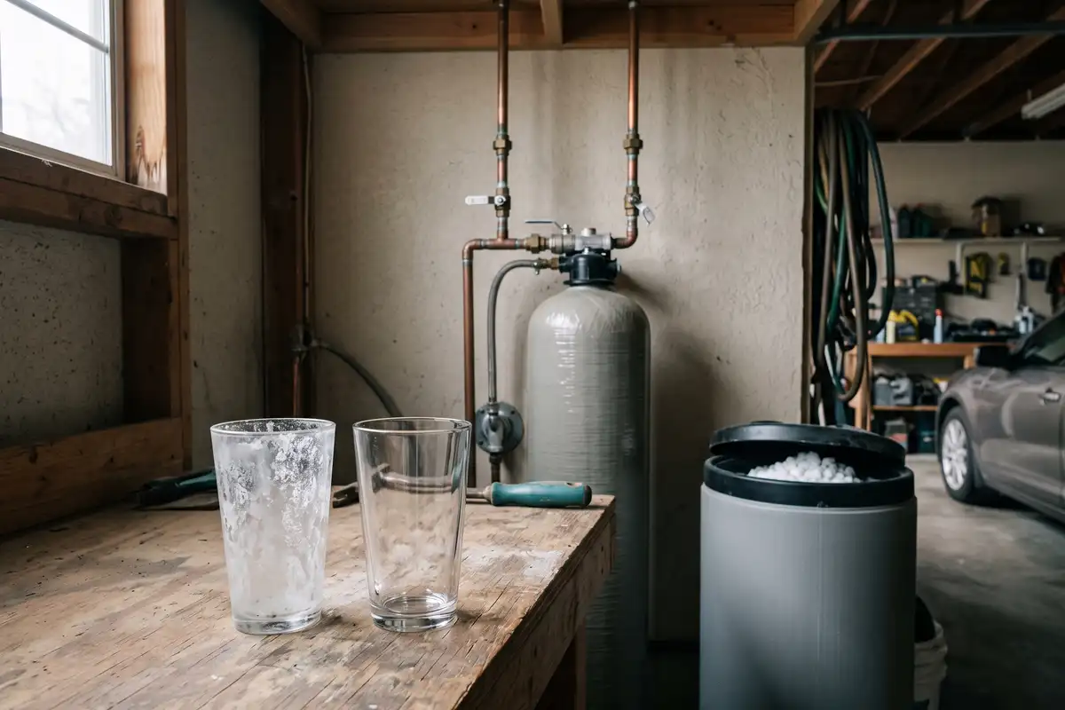 Resin and brine tanks installed in a garage utility corner beside two drinking glasses, one mineral-spotted and one clean